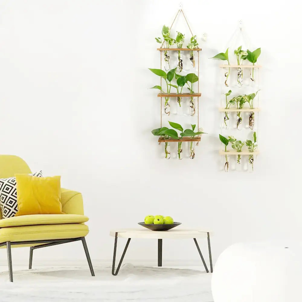DecorBites™ glass wall hanging planters with wooden holder feature two vertical wooden planters with clear test tubes