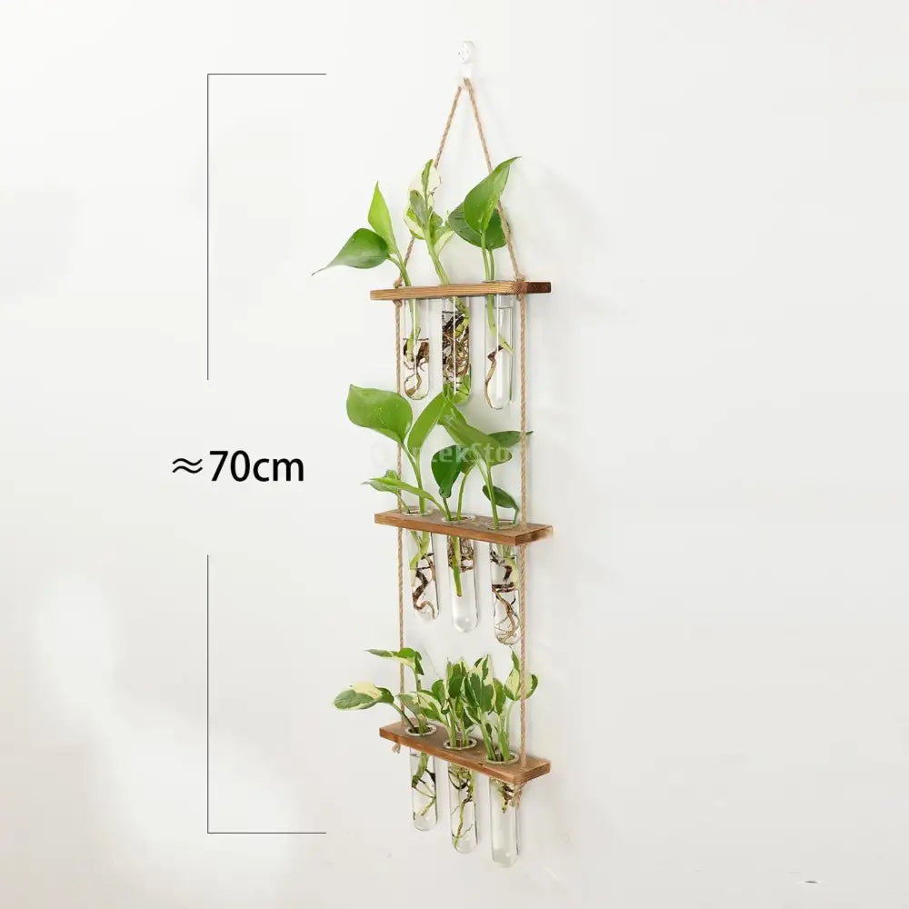 Decorbites™ glass wall hanging planters with wooden holder featuring three tiers of clear test tubes suspended by twine
