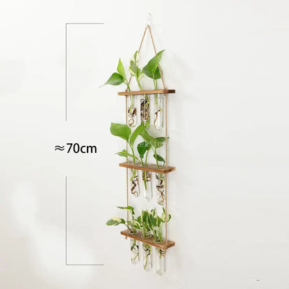 Decorbites™ glass wall hanging planters with wooden holder featuring three tiers of clear test tubes suspended by twine