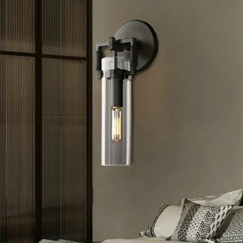 DecorBites glass wall lamp industrial style wall lamp with black metal frame and clear glass cylinder for loft dining room