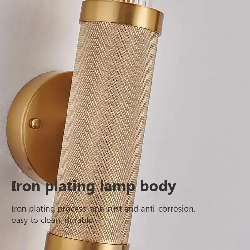 Gold-toned decorbites glass wall lamp with textured mesh body and polished brass accents led light for home decor