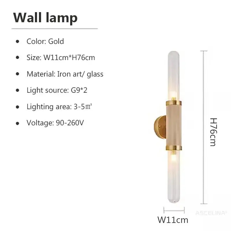 Gold wall lamp decorbites glass wall with sleek iron art frame and two vertical frosted glass LED light tubes for home decor