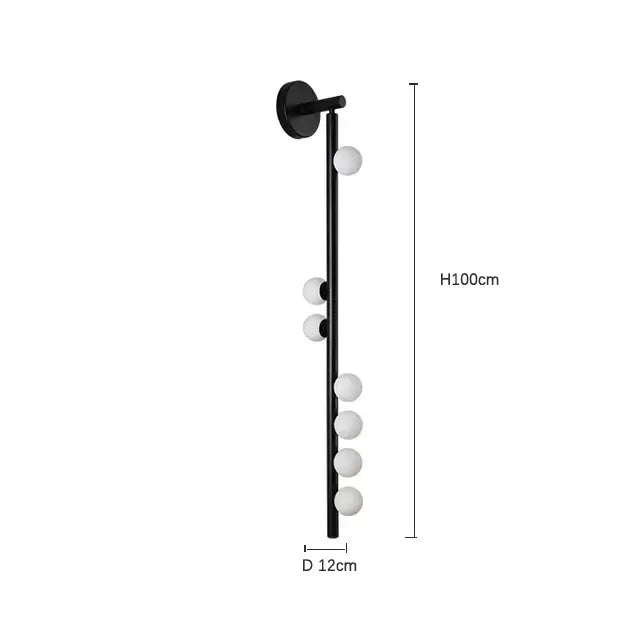Black DecorBites glass wall lamp with seven frosted white spherical bulbs for minimalist hotel villa living room and bedroom