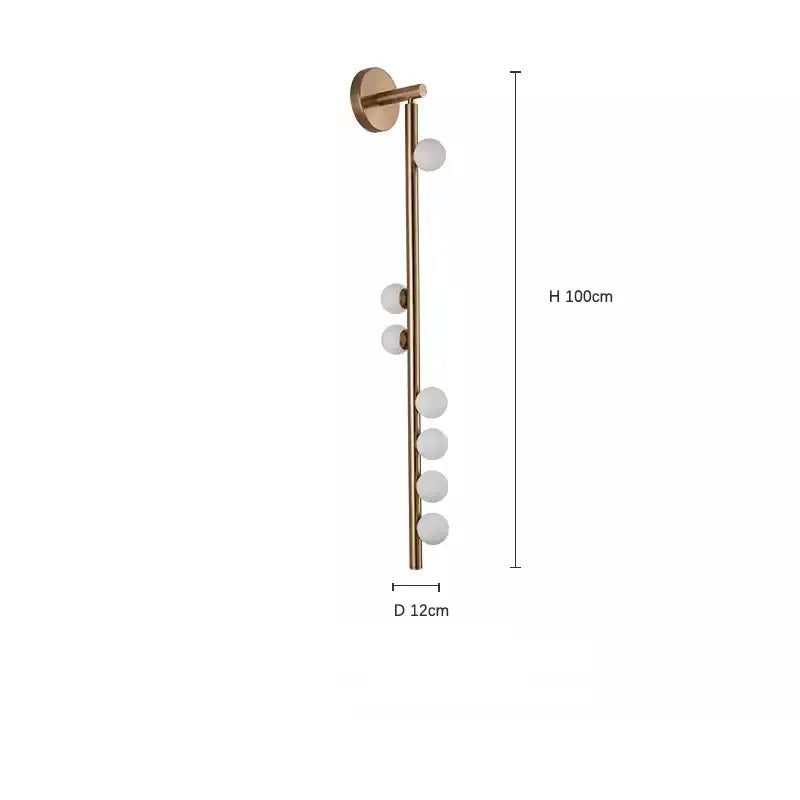 DecorBites glass wall lamp with six frosted glass globes, brass finish, 100cm tall minimalist wall lamp for living room