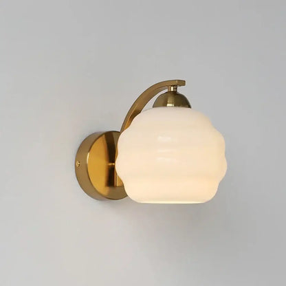 Decorbites glass wall lamp with brass finish and off-white cloud-shaped glass shade for modern aisle and bedroom lighting