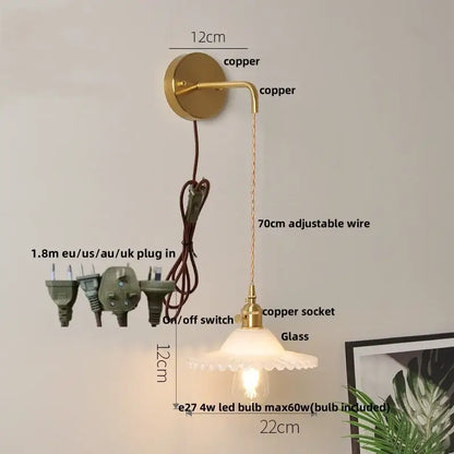 Copper decorbites glass wall lamp with frosted glass shade and adjustable wire featuring pull chain switch and led light