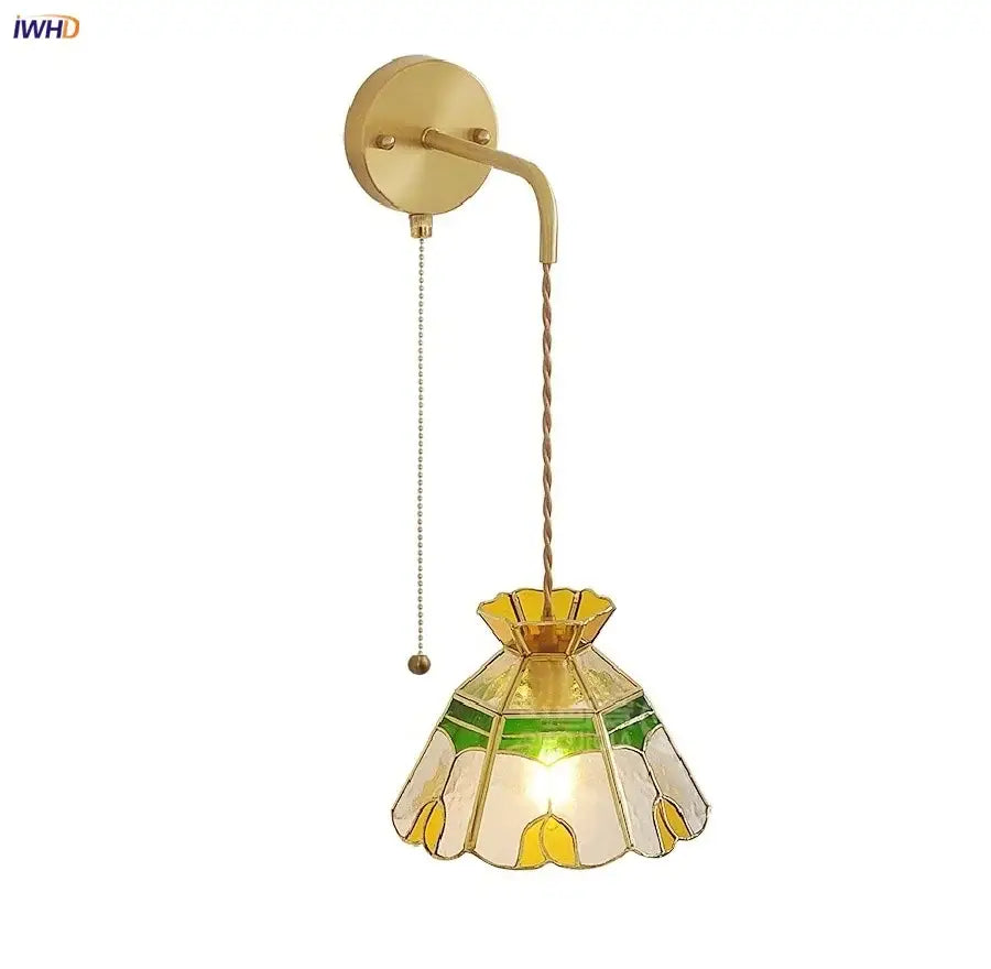 DecorBites glass wall lamp with brass arm and ornate yellow green stained glass shade featuring pull chain switch