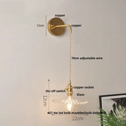 Gold-toned copper decorbites glass wall lamp with 70cm adjustable wire clear glass shade and pull chain switch