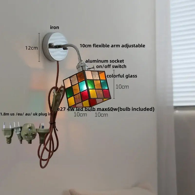 DecorBites™ glass wall light fixture with colorful stained glass cube, adjustable arm, iron base, and pull chain switch