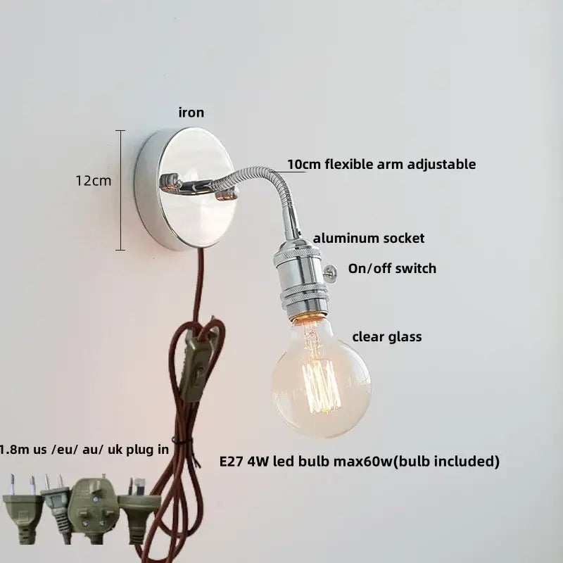 Chrome finished industrial style wall light fixture with 10cm flexible arm, aluminum socket, and clear glass bulb by decorbites