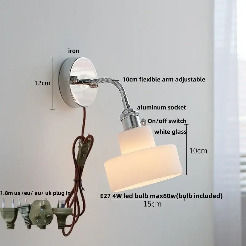 Decorbites™ modern nordic wall light fixture with adjustable chrome finish arm and tiered white glass shade with pull chain switch