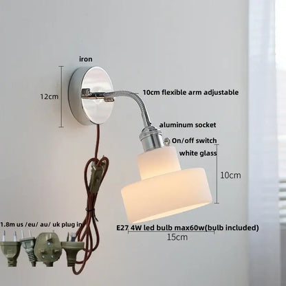 Decorbites™ modern nordic wall light fixture with adjustable chrome finish arm and tiered white glass shade with pull chain switch