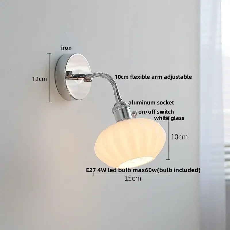 DecorBites™ glass wall light fixture with chrome iron base, adjustable arm, white glass shade, and pull chain switch