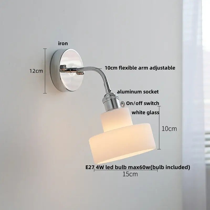 DecorBites™ glass wall light fixture with chrome iron base, flexible arm, and two stacked white glass shades