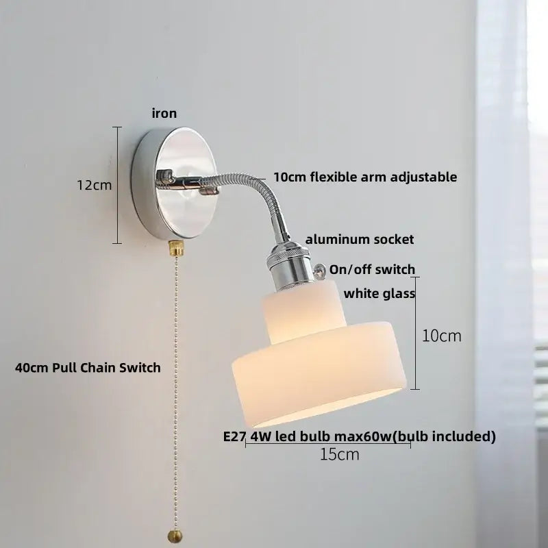DecorBites™ wall light fixture with chrome iron base, adjustable arm, and two white glass shades in modern Nordic design