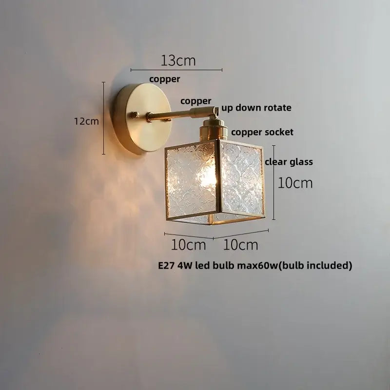 Copper-finished decorbites glass wall light sconce with square embossed clear glass shade for modern hallway lighting