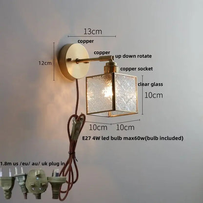 Copper-finished decorbites glass wall light sconce with clear etched glass cube shade for modern bedside lighting
