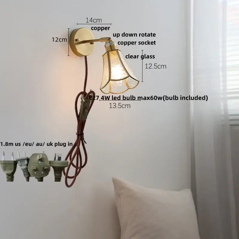 Decorbites glass wall light sconce with copper finish and clear glass shade for modern bedside or hallway lighting