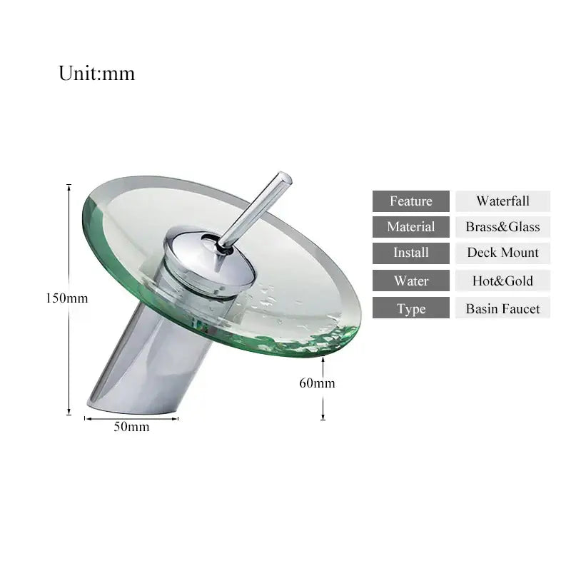 DecorBites™ glass waterfall basin sink faucet with sleek brass and transparent glass design over polished chrome base