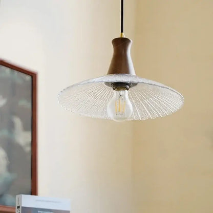 DecorBites™ warm-toned wood led pendant light with clear textured glass shade and exposed filament bulb for home decor