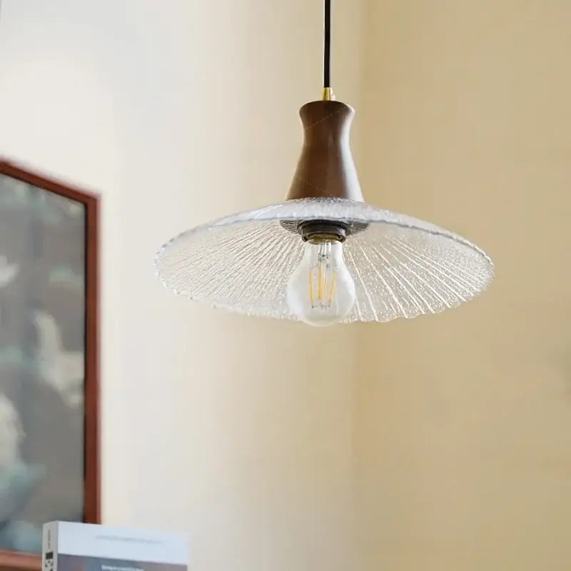 DecorBites™ warm-toned wood led pendant light with clear textured glass shade and exposed filament bulb for home decor