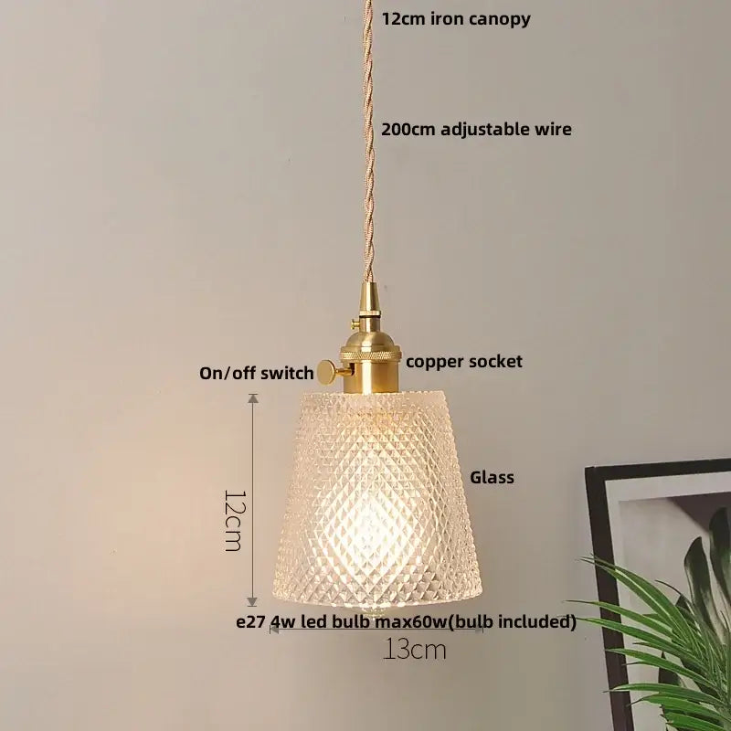 Decorbites textured glass pendant light with brass iron canopy and copper socket wood led pendant for home decor