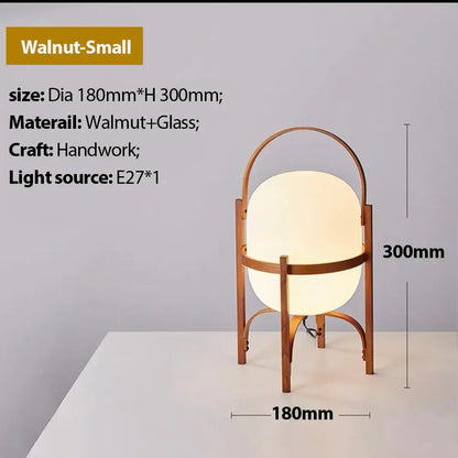 Decorbites glass and wood metal table lamp with warm light round globe and walnut-finished frame with arched handle