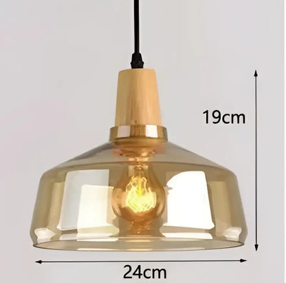 DecorBites glass and wood pendant light in warm amber with brass accents featuring exposed Edison bulb for modern decor