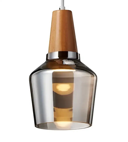 Decorbites glass pendant light with warm wood top, metallic band, and smoked glass shade for modern nordic decor