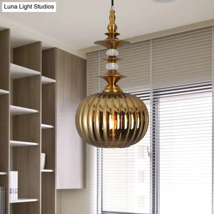Golden ribbed glass pendant light with brass metal top and crystal accents for dining room in chrome copper gold finish