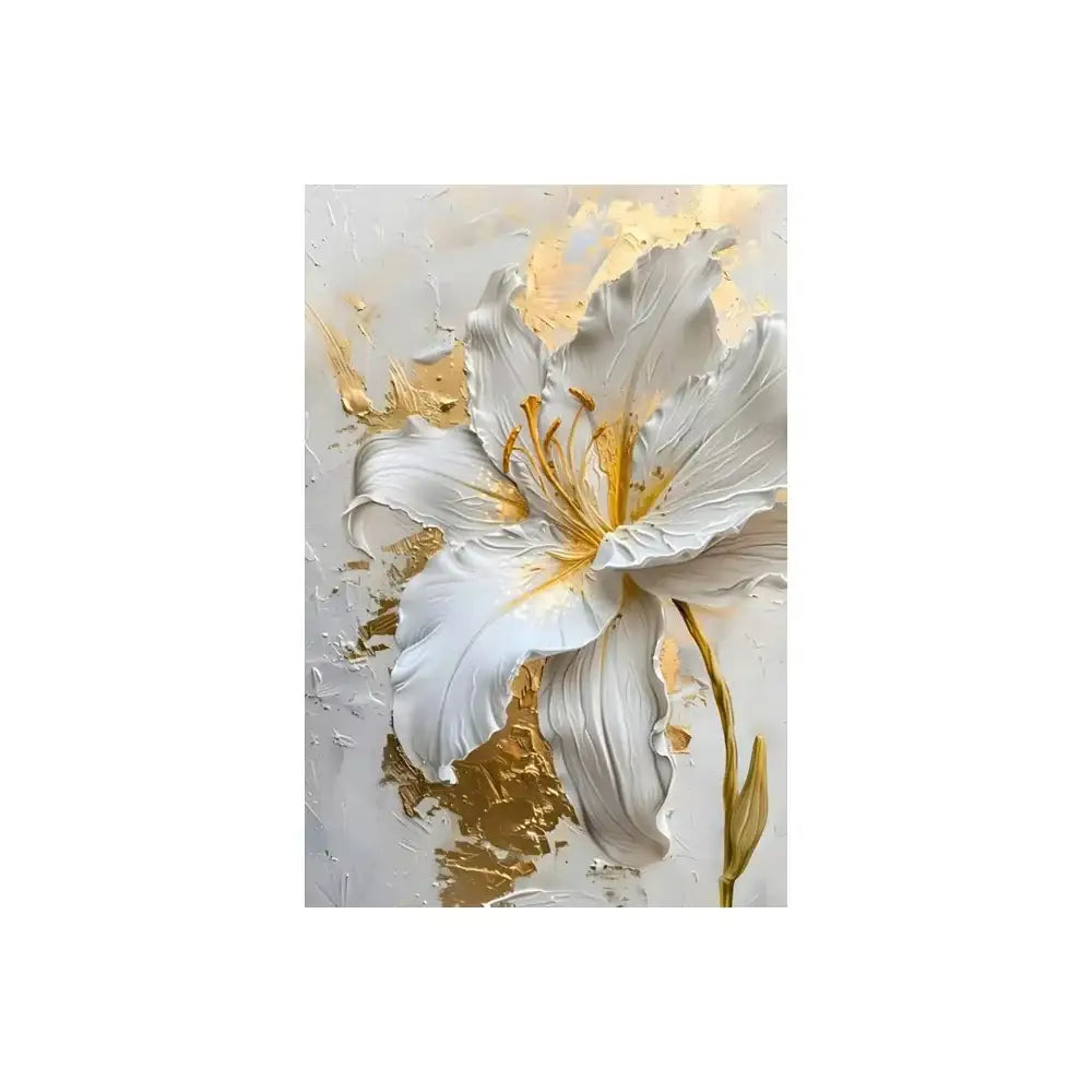 Decorbites™ gold and white floral 3d canvas wall art featuring a textured white flower canvas with gold accents