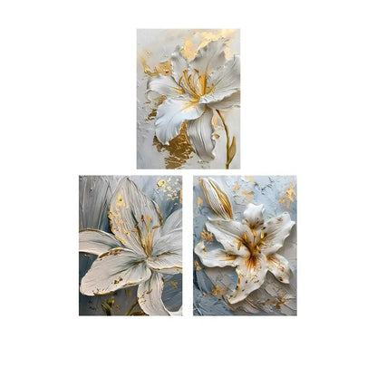 Decorbites™ gold and white floral 3d canvas wall art featuring textured white flower canvas with gold leaf accents