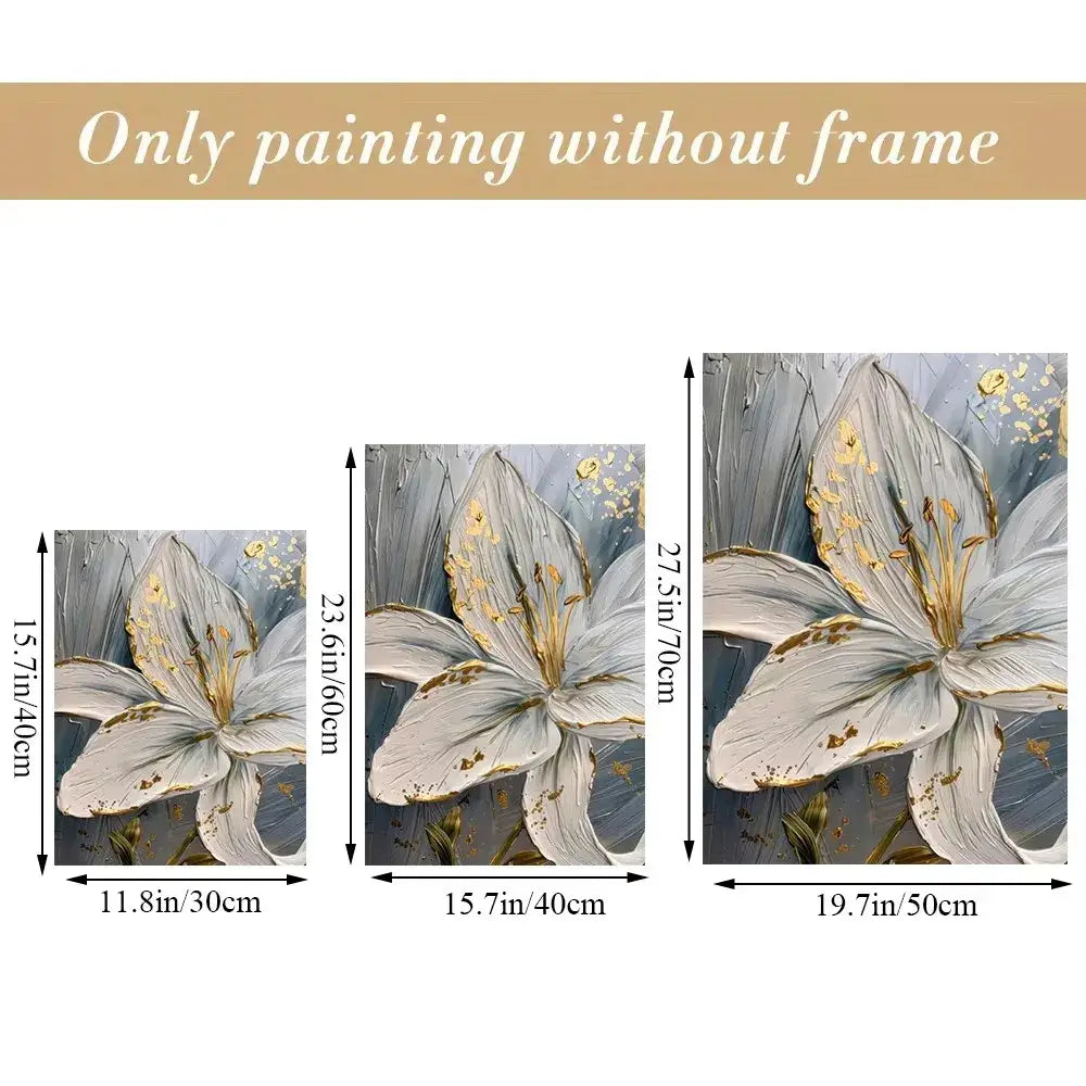 Three sizes of decorbites™ gold and white floral 3d canvas wall art featuring white flower canvas posters with gold accents