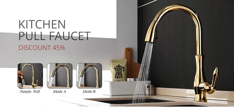 Decorbites™ gold brass basin faucet with sleek curved spout and single lever handle in brushed gold brass finish