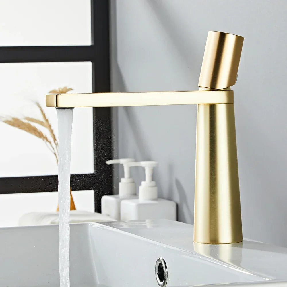 DecorBites gold brass basin faucet with brushed gold brass finish and minimalist design for bathroom sink