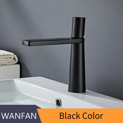 Black matte-finish modern bathroom basin faucet with minimalist design, complementing gold brass and brushed gold brass decor