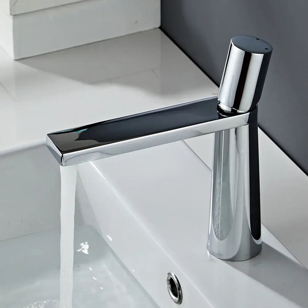DecorBites™ gold brass basin faucet with sleek minimalist design and single cylindrical handle for bathroom sink