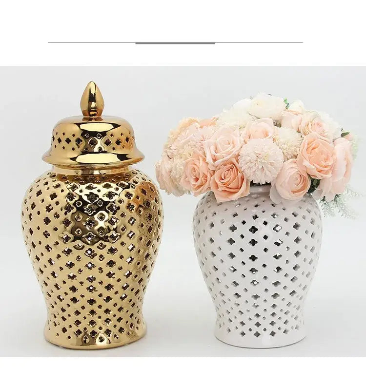 Gold ceramic carved temple jar with intricate diamond cutouts and matching lid for elegant home decor by decorbites