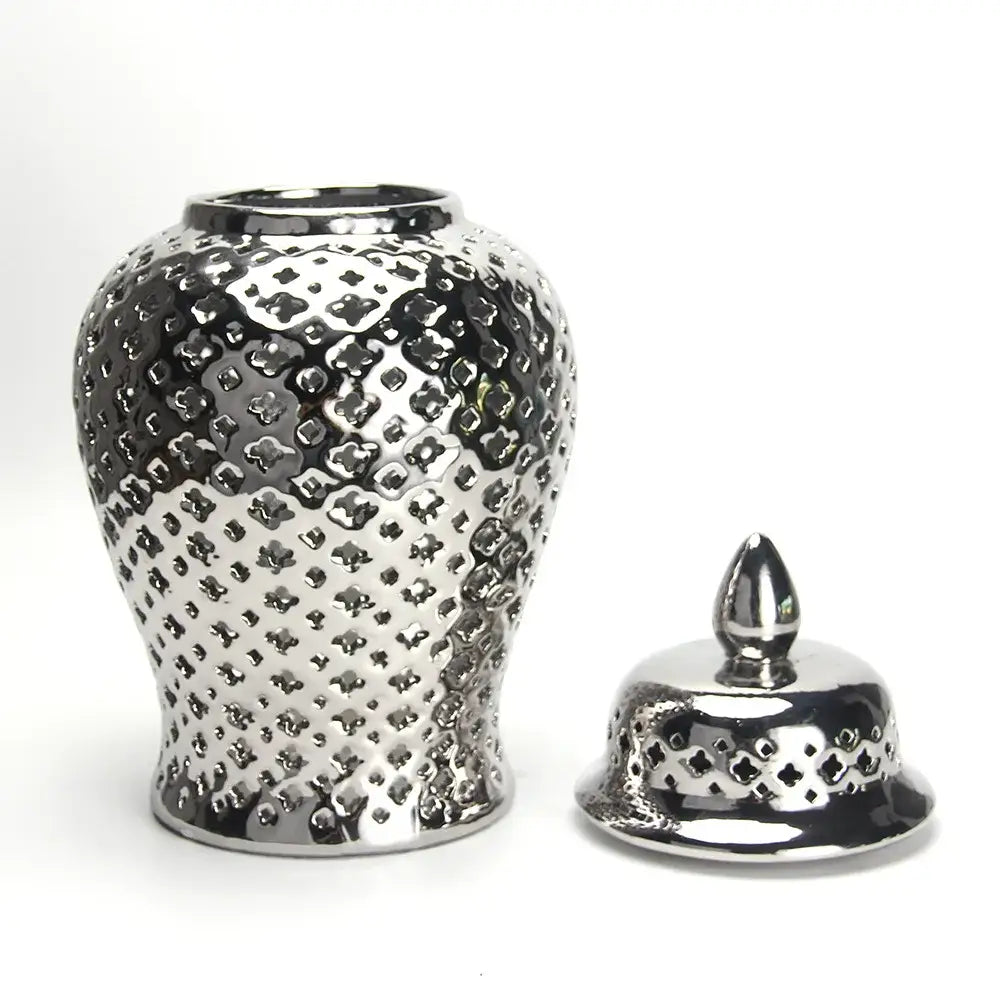 Shiny silver ceramic temple jar with textured pattern and matching lid for elegant home decor by decorbites gold ceramic
