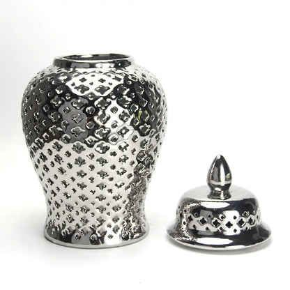 Shiny silver ceramic temple jar with textured pattern and matching lid for elegant home decor by decorbites gold ceramic