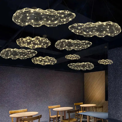 Decorbites gold cloud pendant lights with golden wire mesh and warm white leds for home and restaurant decor