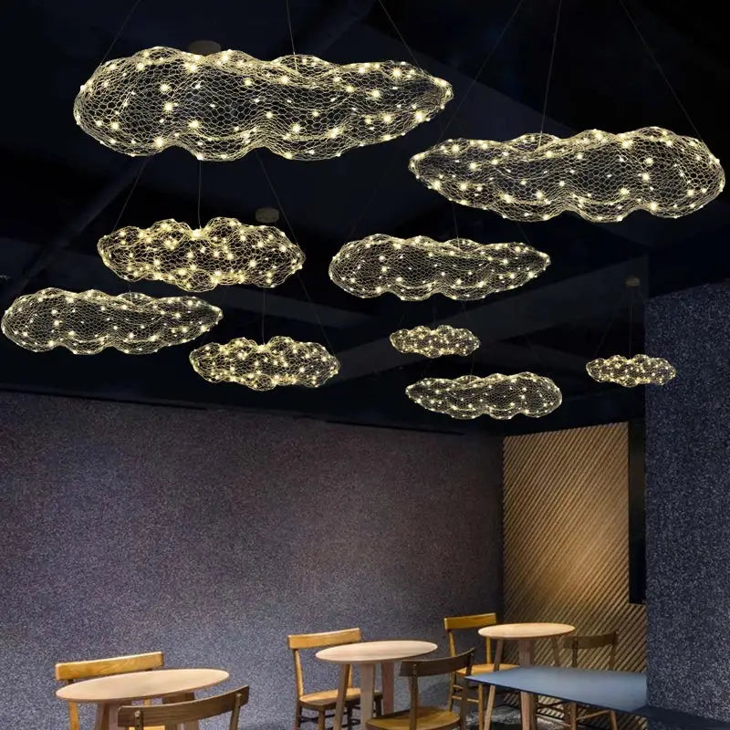 Decorbites gold cloud pendant lights with golden wire mesh and warm white leds for home and restaurant decor