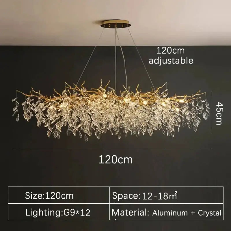 A 120cm adjustable decorbites gold crystal led chandelier with a golden aluminum frame and cascading clear crystal leaves