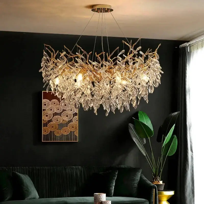 Golden leaf-shaped decorbites gold crystal led chandelier with clear crystal accents for home lighting