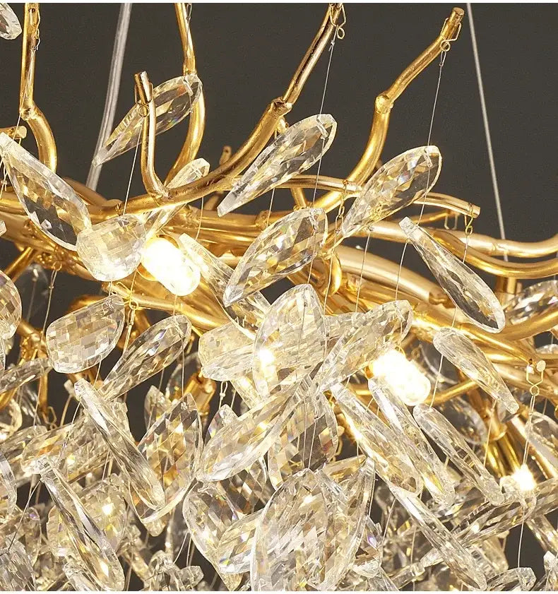 Gold crystal led chandelier with faceted crystal droplets resembling golden branches for home lighting by decorbites