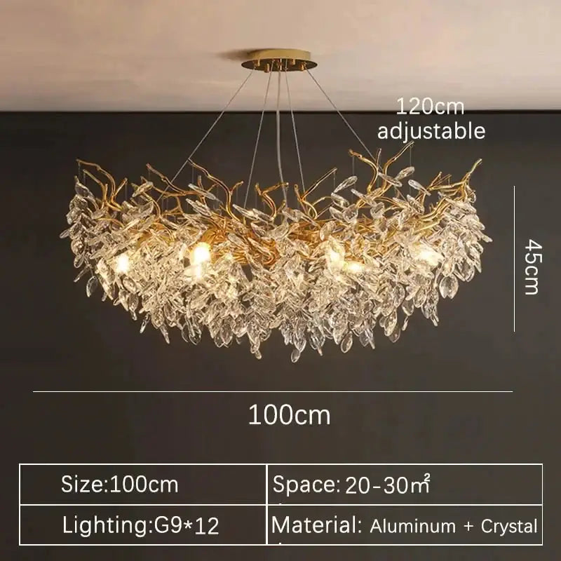 Luxurious DecorBites gold crystal led chandelier with cascading crystal leaves crafted from aluminum and crystal for home lighting