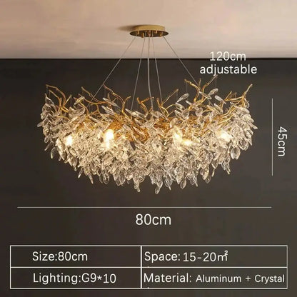 DecorBites gold crystal led chandelier with cascading aluminum branches and crystal leaves for home lighting