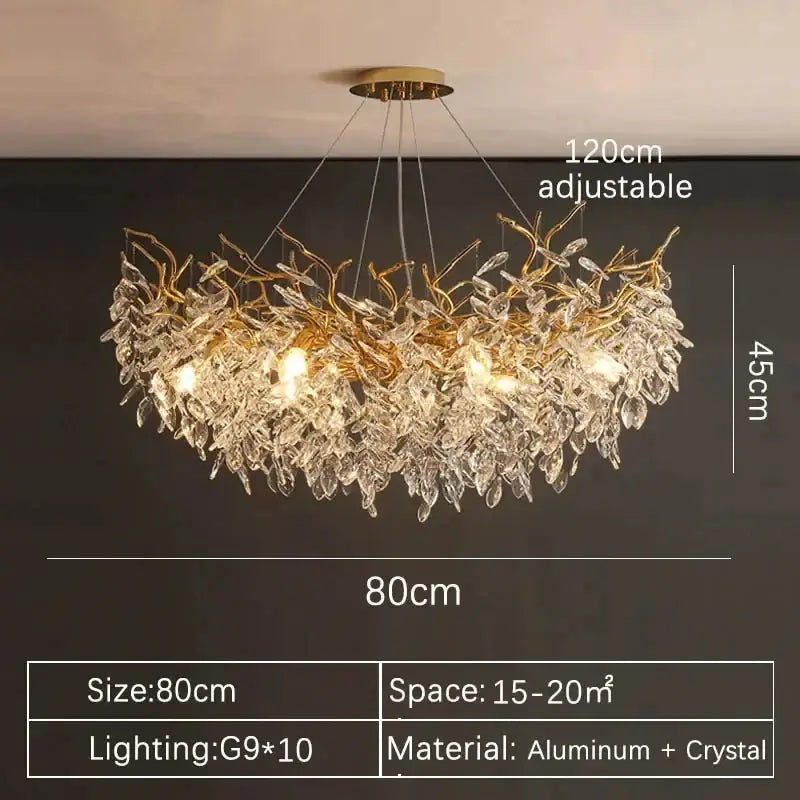 DecorBites gold crystal led chandelier with cascading aluminum branches and crystal leaves for home lighting