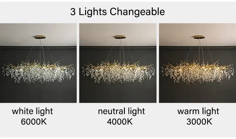 A modern gold crystal led chandelier by DecorBites with a leafy design made of clear crystal elements for home lighting