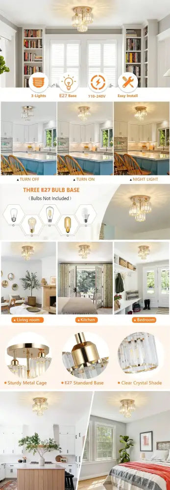 Decorbites gold crystal semi flush mount ceiling light with gold finish crystal shades and metal cage base